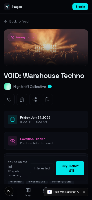 Event detail page with location-drop countdown and ticket purchase
