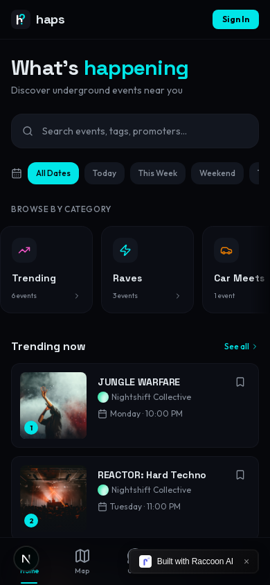 Haps home feed showing trending underground events